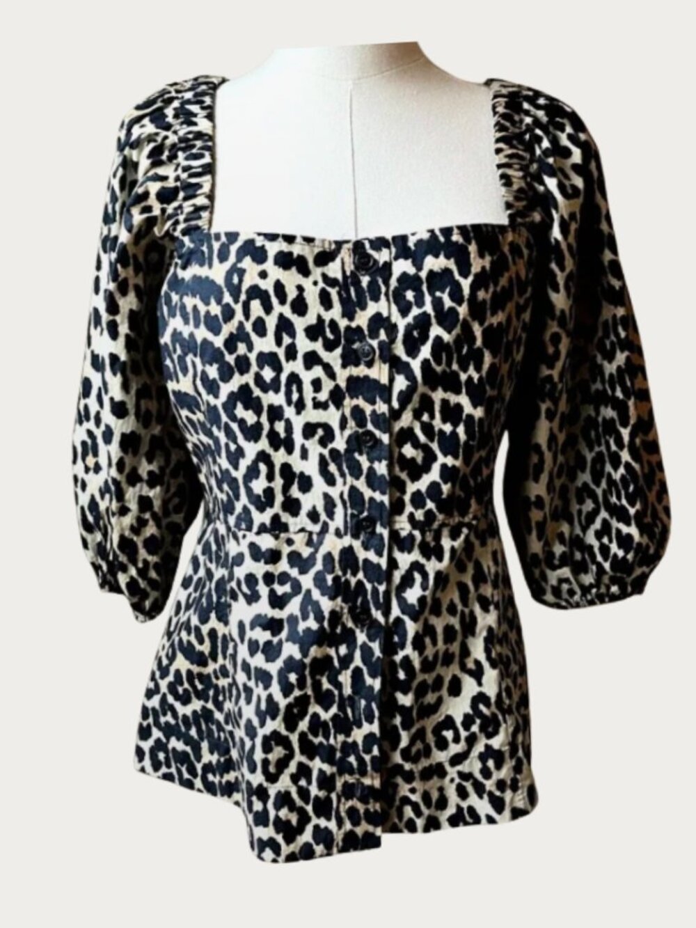 GANNI Leopard Puff Sleeve Peplum Blouse Top EU 42 US 8–10